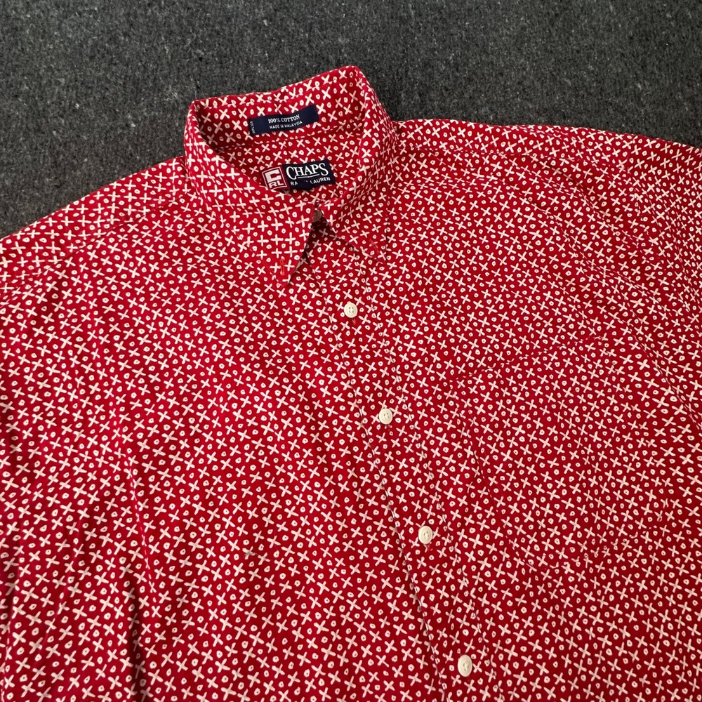 Vntg Chaps Ralph Lauren Shirt Large 90s Red White Geometric XO Print Button Up
